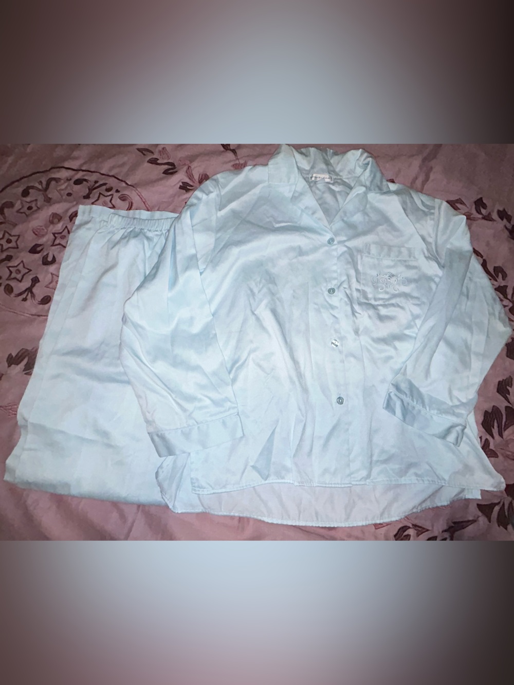 Miss Elaine Pajama Set Women's Medium Blue Short Sleeve Button Front Top & Pants